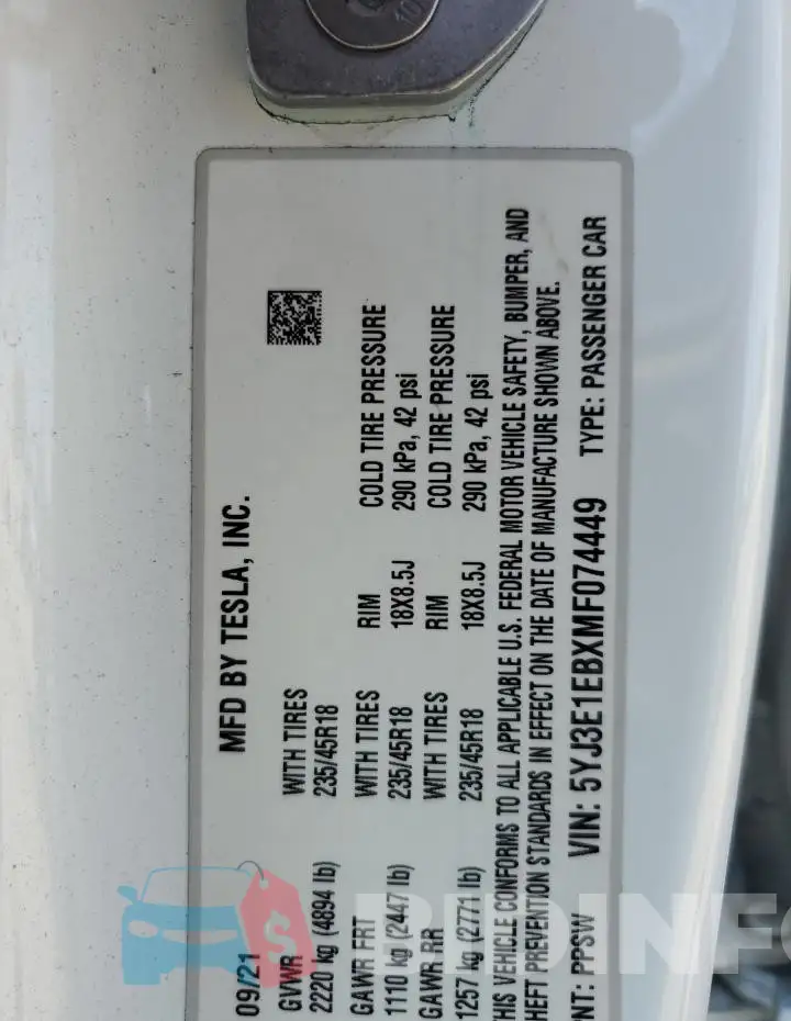 5YJ3E1EBXMF074449 Photo# 13