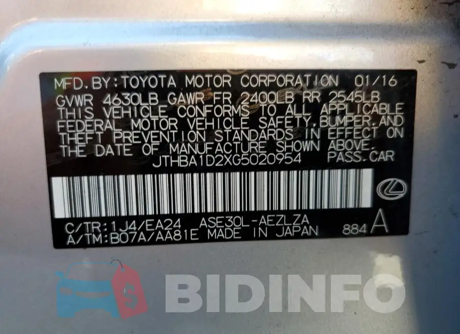 JTHBA1D2XG5020954 Photo# 13
