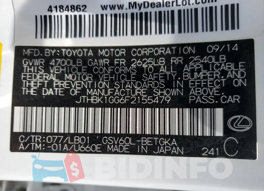JTHBK1GG6F2155479 Photo# 12
