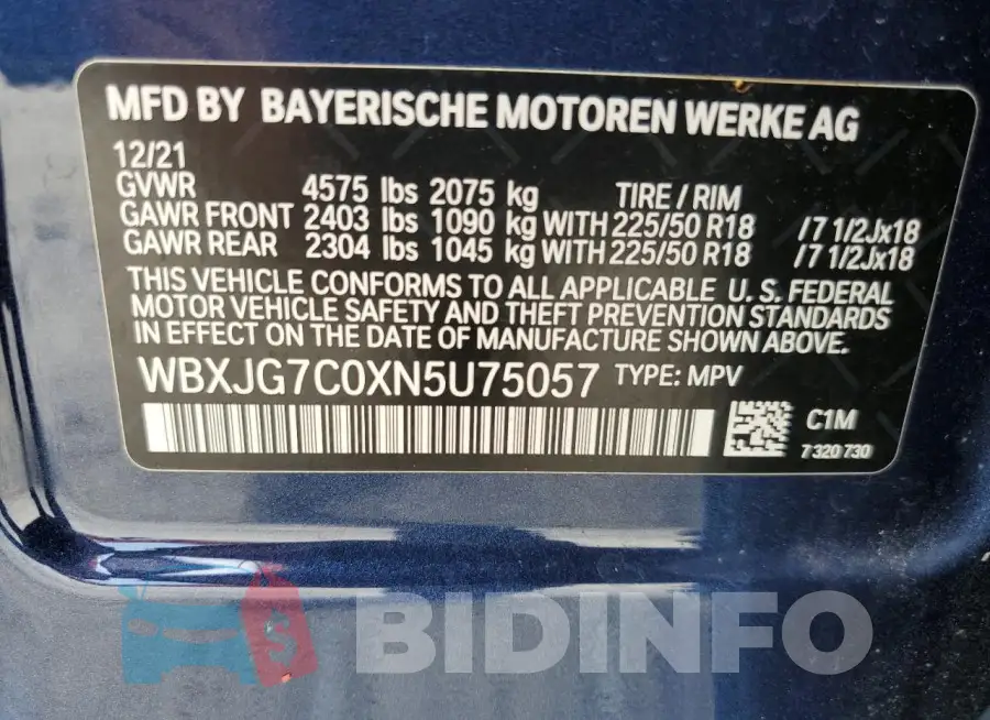 WBXJG7C0XN5U75057 Photo# 14