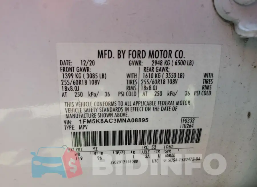 1FM5K8AC3MNA08895 Photo# 14