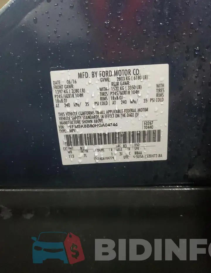 1FM5K8B80HGA04744 Photo# 13
