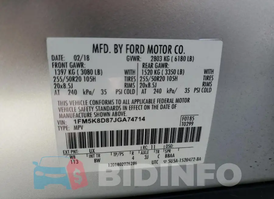 1FM5K8D87JGA74714 Photo# 13