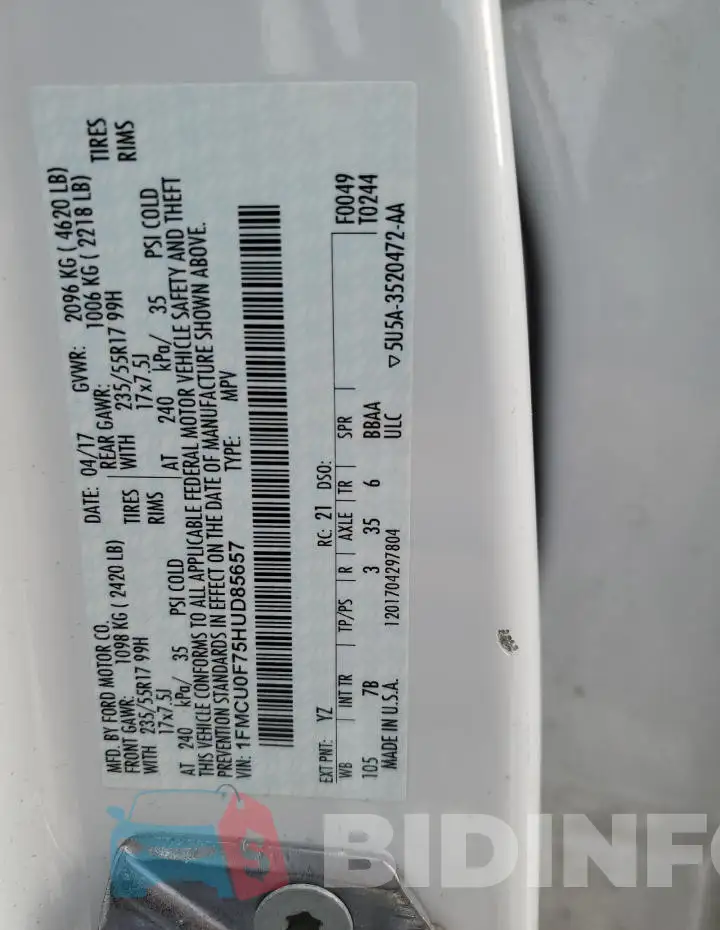 1FMCU0F75HUD85657 Photo# 13