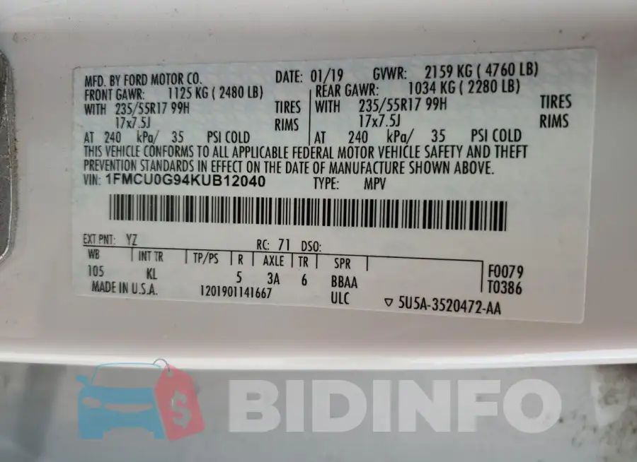 1FMCU0G94KUB12040 Photo# 13
