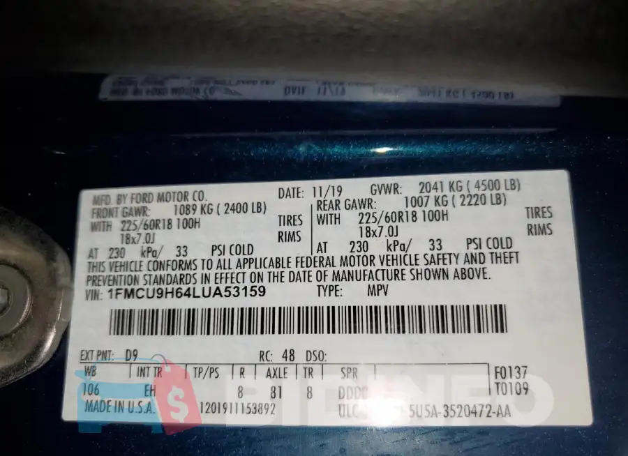 1FMCU9H64LUA53159 Photo# 13