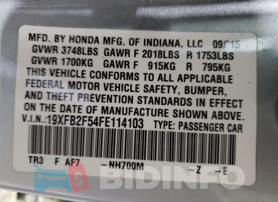 19XFB2F54FE114103 Photo# 12