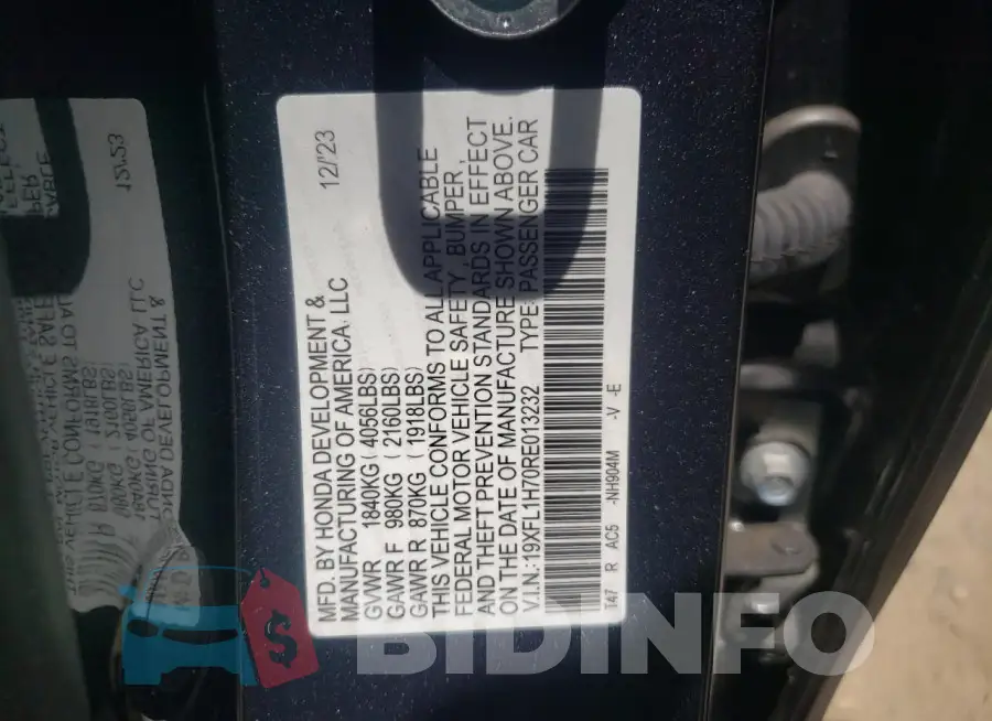 19XFL1H70RE013232 Photo# 13