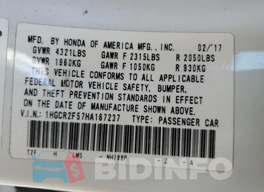 1HGCR2F57HA167237 Photo# 12