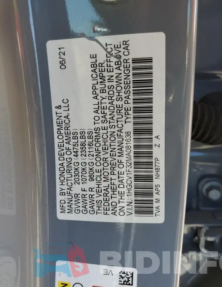 1HGCV1F32MA081638 Photo# 12