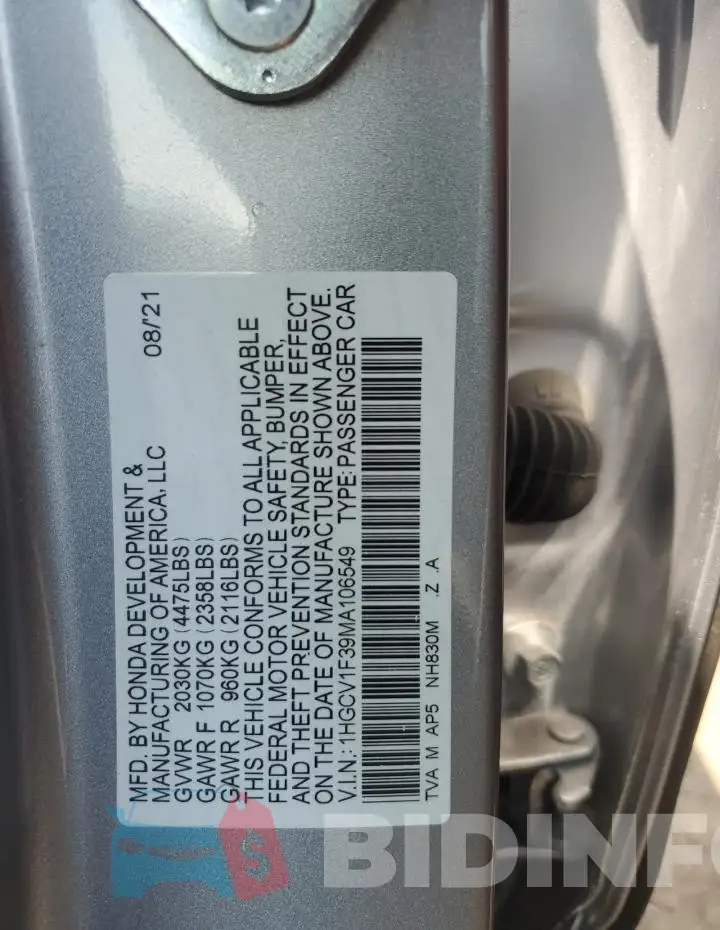 1HGCV1F39MA106549 Photo# 12