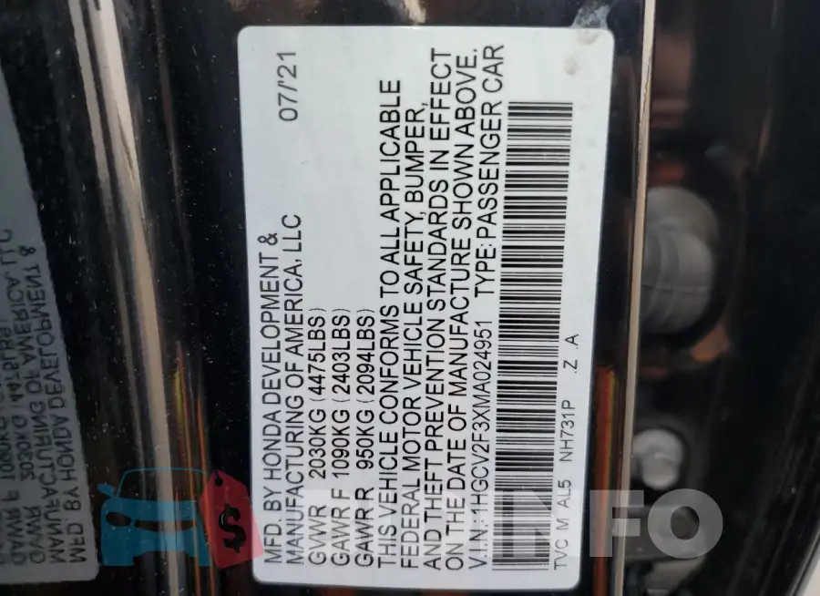 1HGCV2F3XMA024951 Photo# 12
