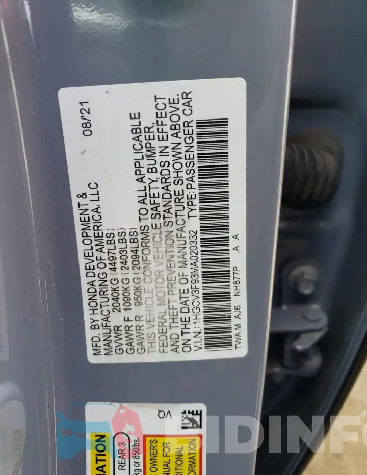 1HGCV3F93MA020332 Photo# 13