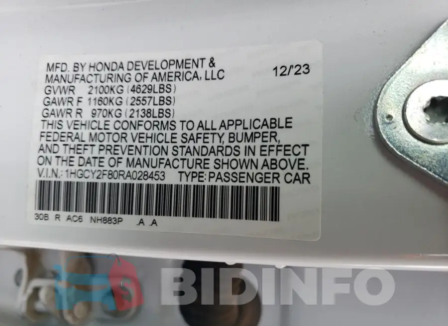 1HGCY2F80RA028453 Photo# 12