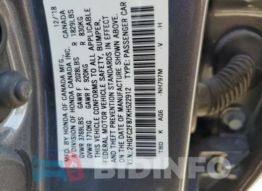 2HGFC2F87KH522912 Photo# 12