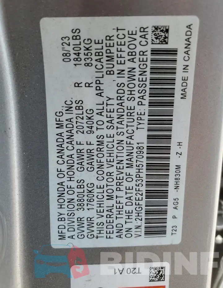 2HGFE2F53PH570981 Photo# 12