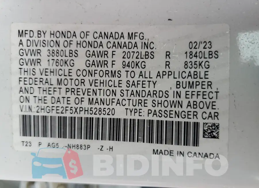 2HGFE2F5XPH528520 Photo# 13