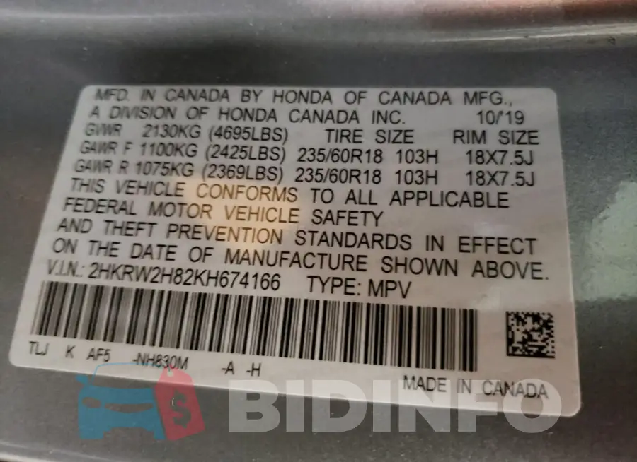 2HKRW2H82KH674166 Photo# 13