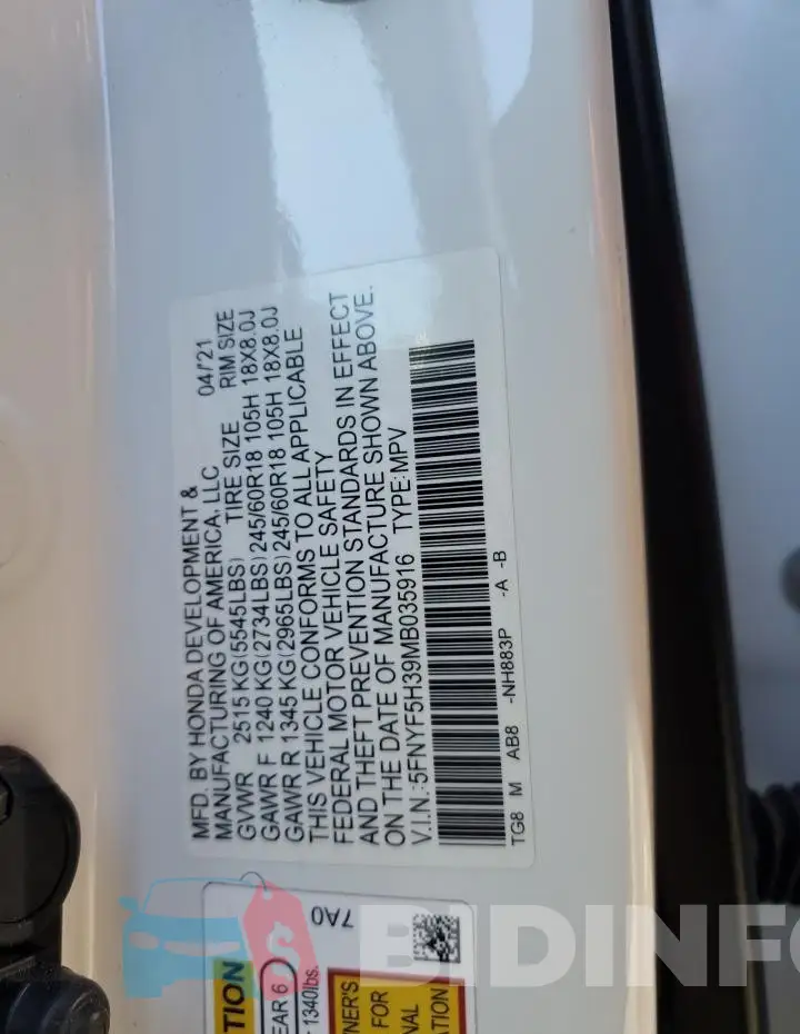 5FNYF5H39MB035916 Photo# 14