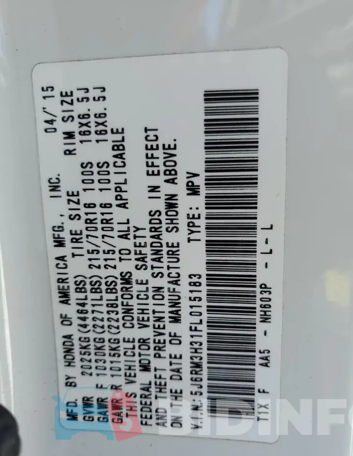5J6RM3H31FL015183 Photo# 13