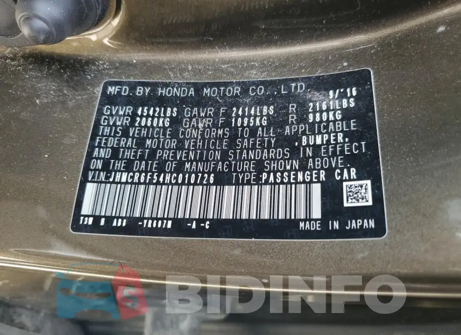 JHMCR6F54HC010726 Photo# 12