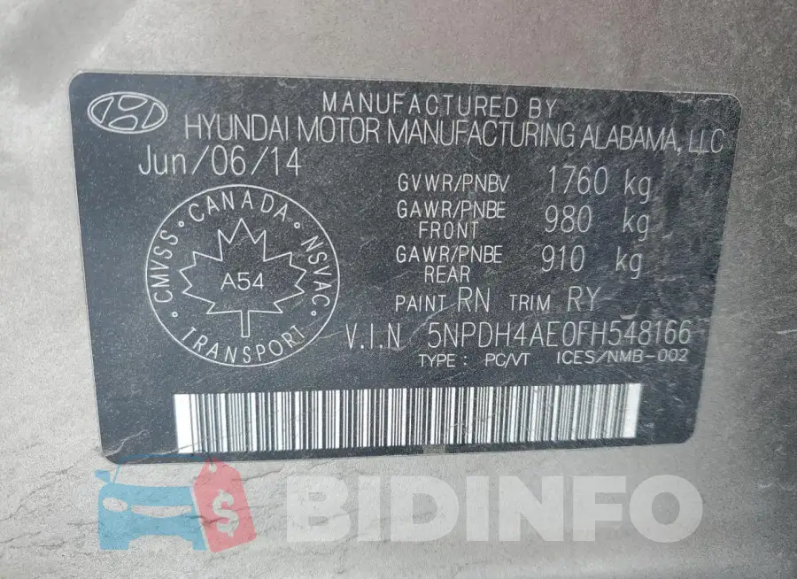5NPDH4AE0FH548166 Photo# 13