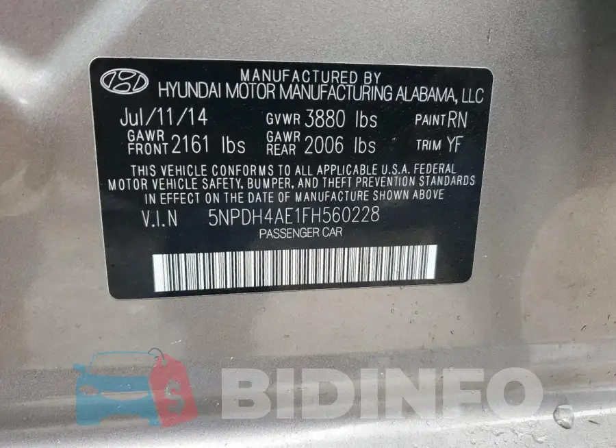 5NPDH4AE1FH560228 Photo# 12