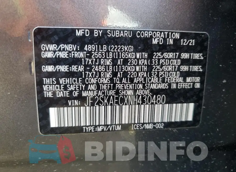 JF2SKAECXNH430480 Photo# 13