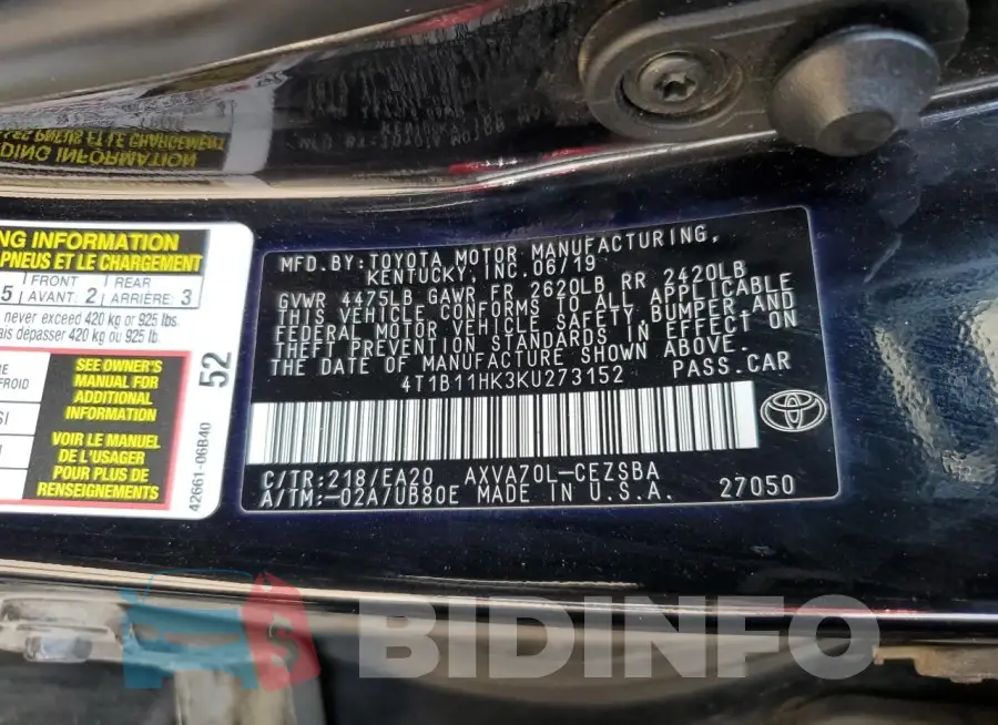 4T1B11HK3KU273152 Photo# 12