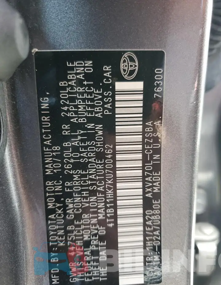 4T1B11HK7KU700462 Photo# 12