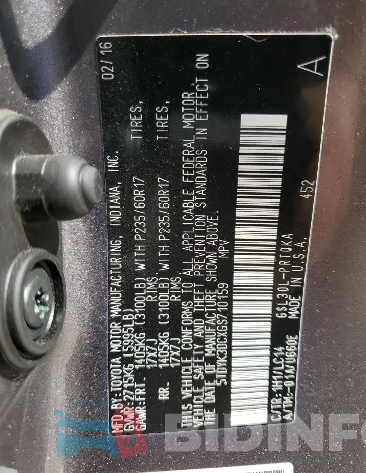 5TDYK3DCXGS710159 Photo# 13