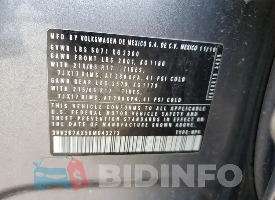 3VV2B7AX5KM043273 Photo# 13