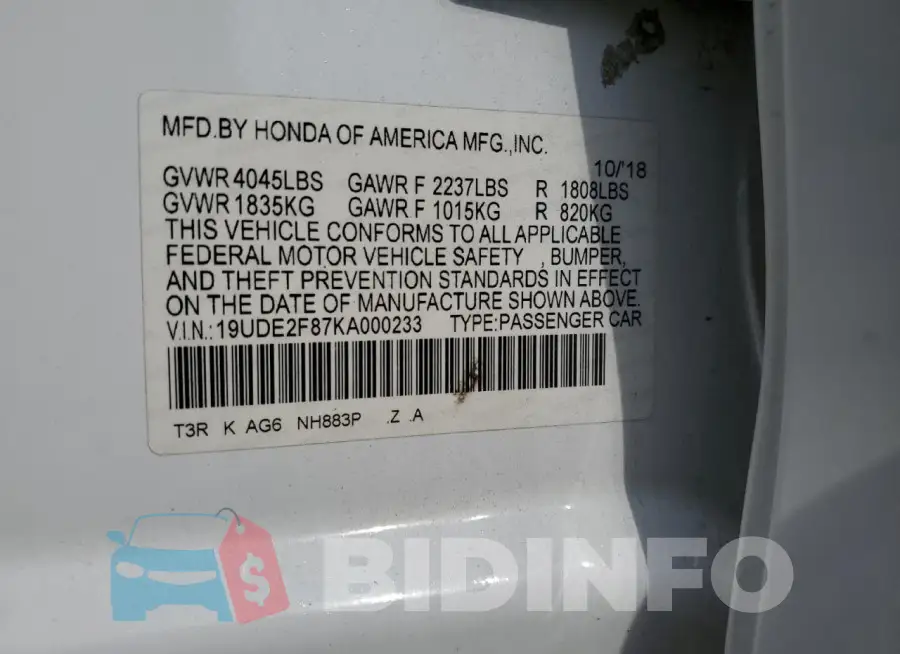 19UDE2F87KA000233 Photo# 12