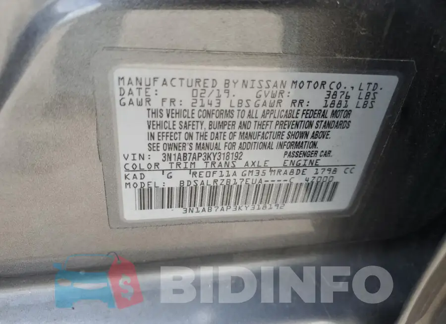 3N1AB7AP3KY318192 Photo# 12