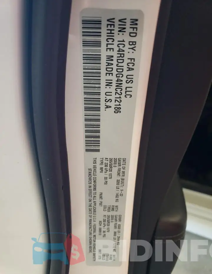 1C4RDJDG4NC212186 Photo# 13