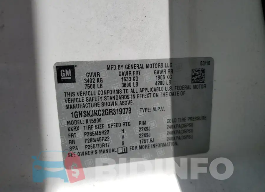 1GNSKJKC2GR319073 Photo# 13