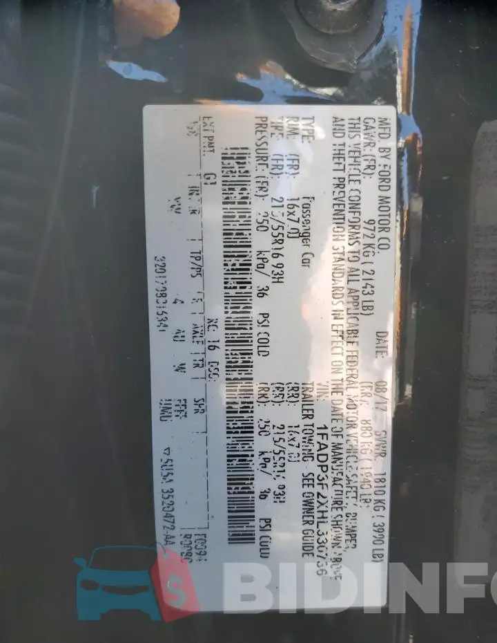 1FADP3F2XHL330736 Photo# 12