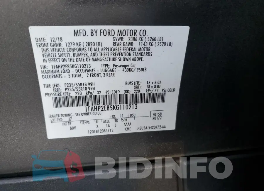 1FAHP2E85KG110213 Photo# 13
