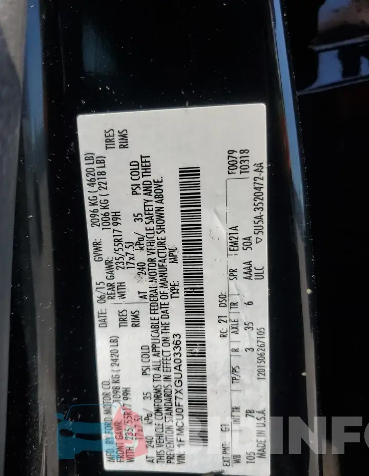1FMCU0F7XGUA03363 Photo# 13
