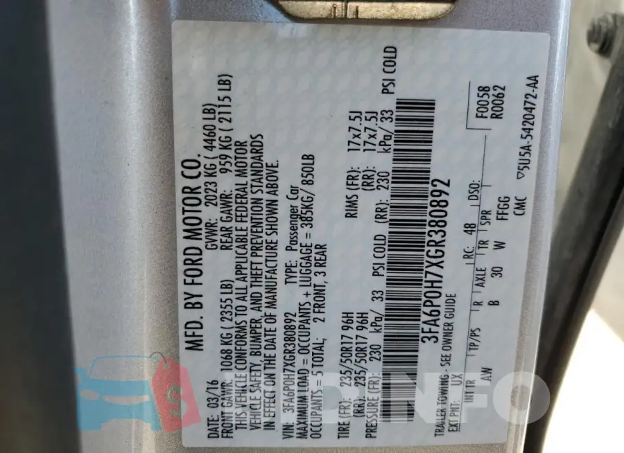 3FA6P0H7XGR380892 Photo# 13