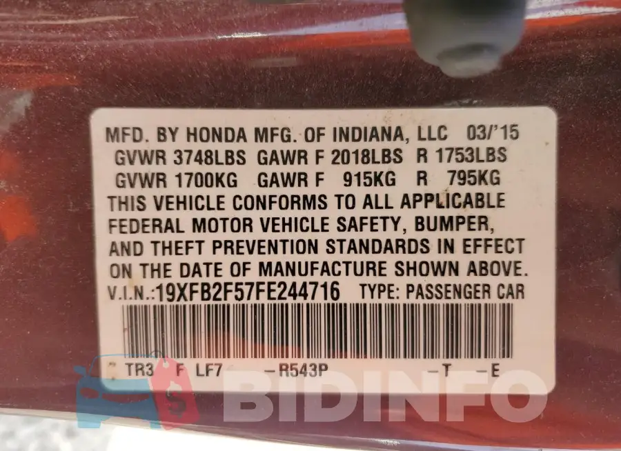 19XFB2F57FE244716 Photo# 12