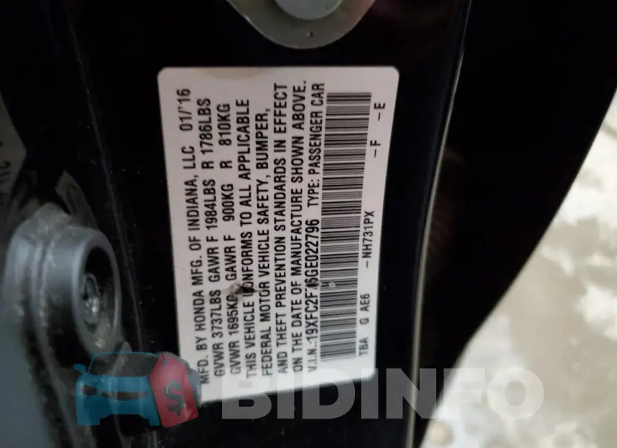 19XFC2F76GE022796 Photo# 12