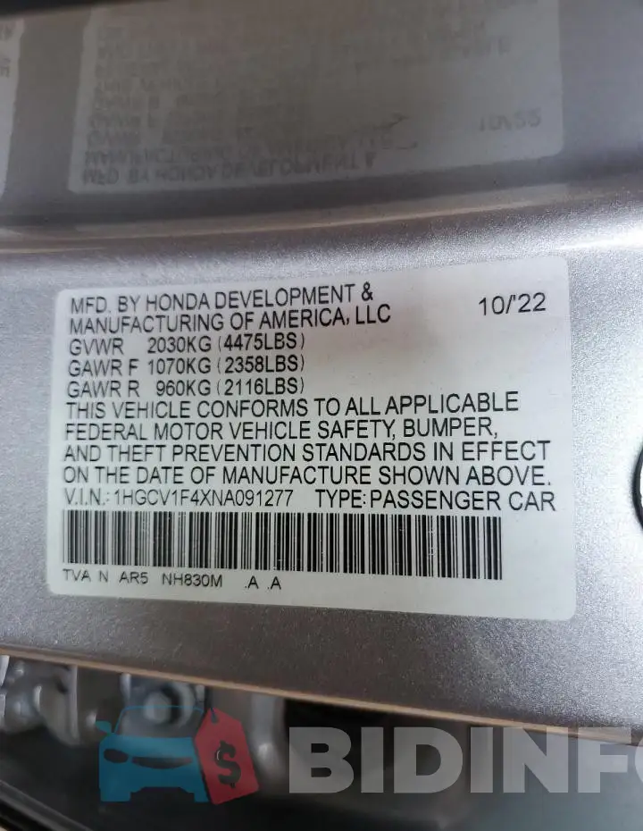 1HGCV1F4XNA091277 Photo# 13
