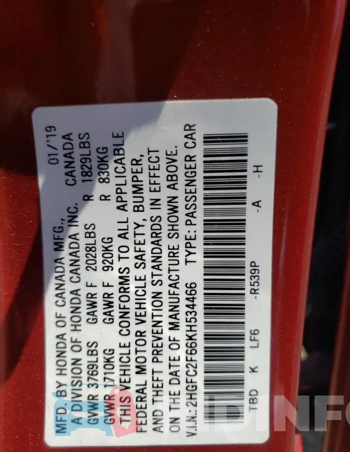 2HGFC2F66KH534466 Photo# 13