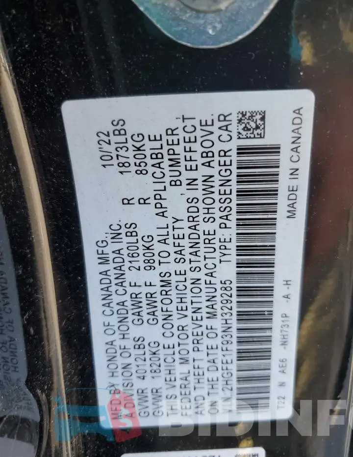 2HGFE1F93NH329285 Photo# 12