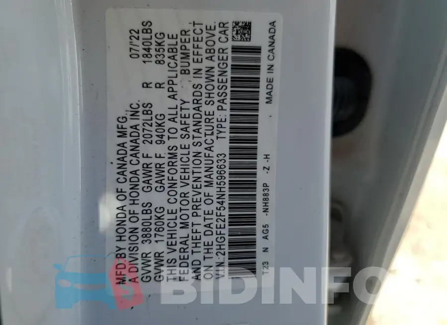 2HGFE2F54NH596633 Photo# 12
