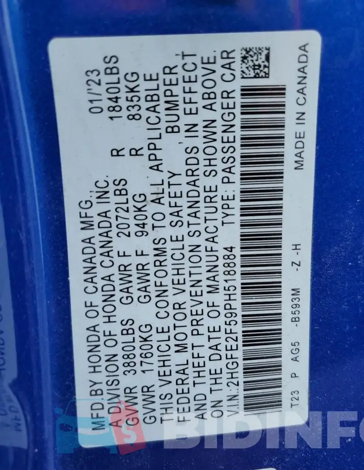 2HGFE2F59PH518884 Photo# 13