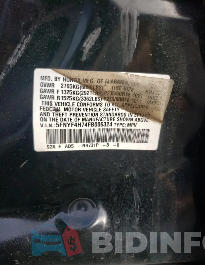 5FNYF4H74FB006324 Photo# 12