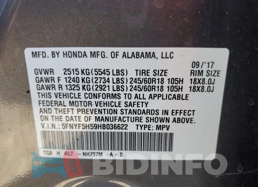 5FNYF5H59HB036622 Photo# 13