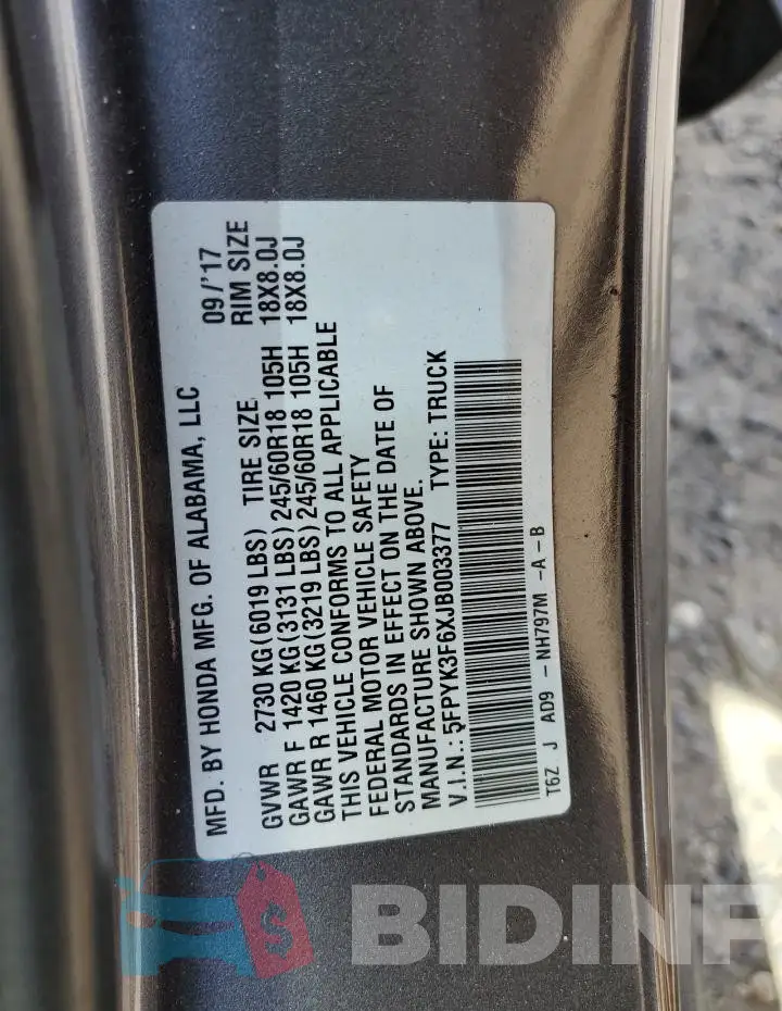 5FPYK3F6XJB003377 Photo# 12